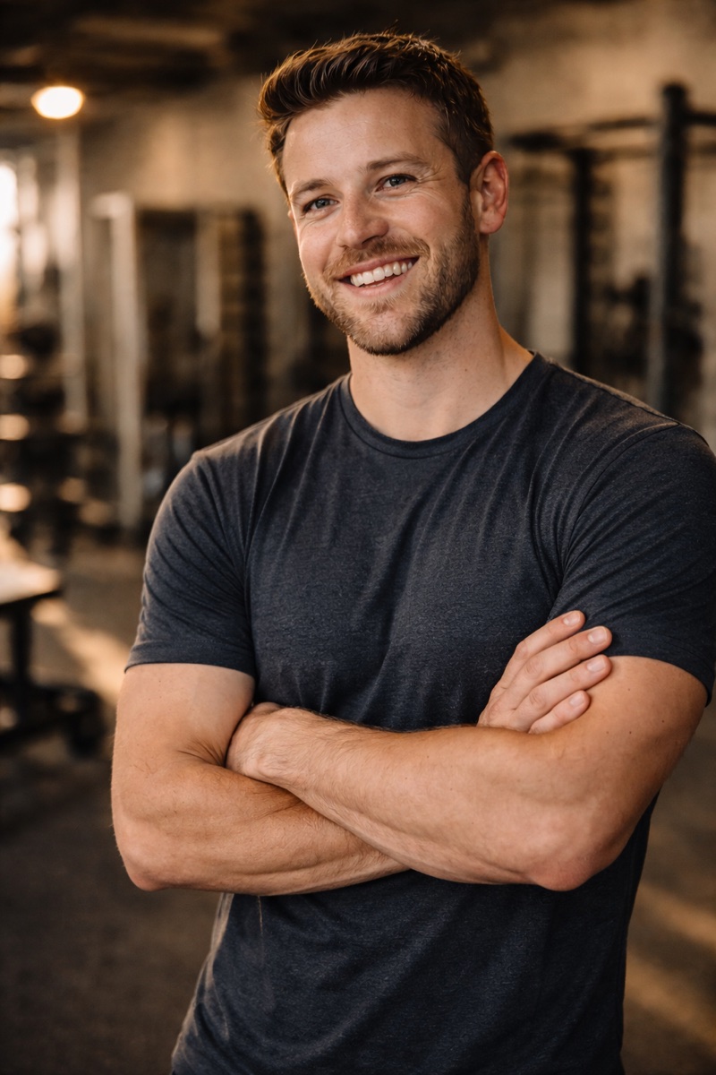 Personal-brand headshot example: a fitness coach in a t-shirt with arms crossed, photographed on location in a gym