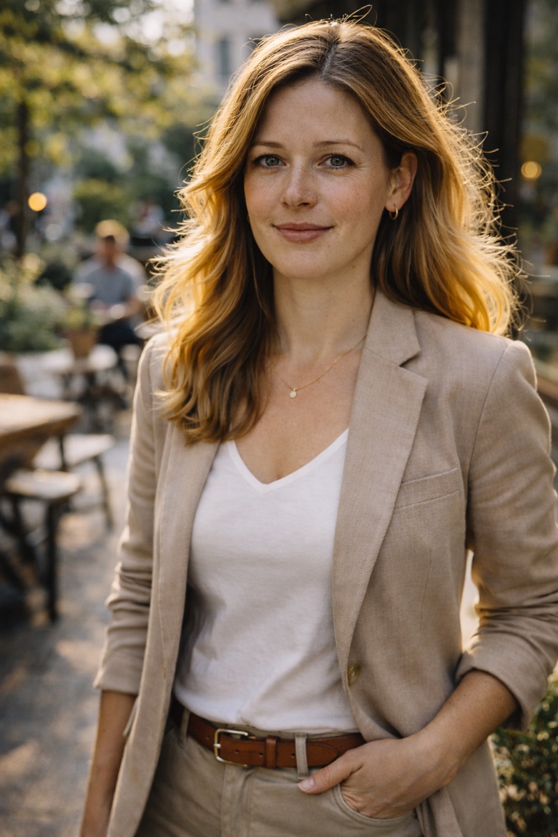 Personal-brand headshot example: a natural, on-location portrait with warm lighting and a genuine, relaxed smile