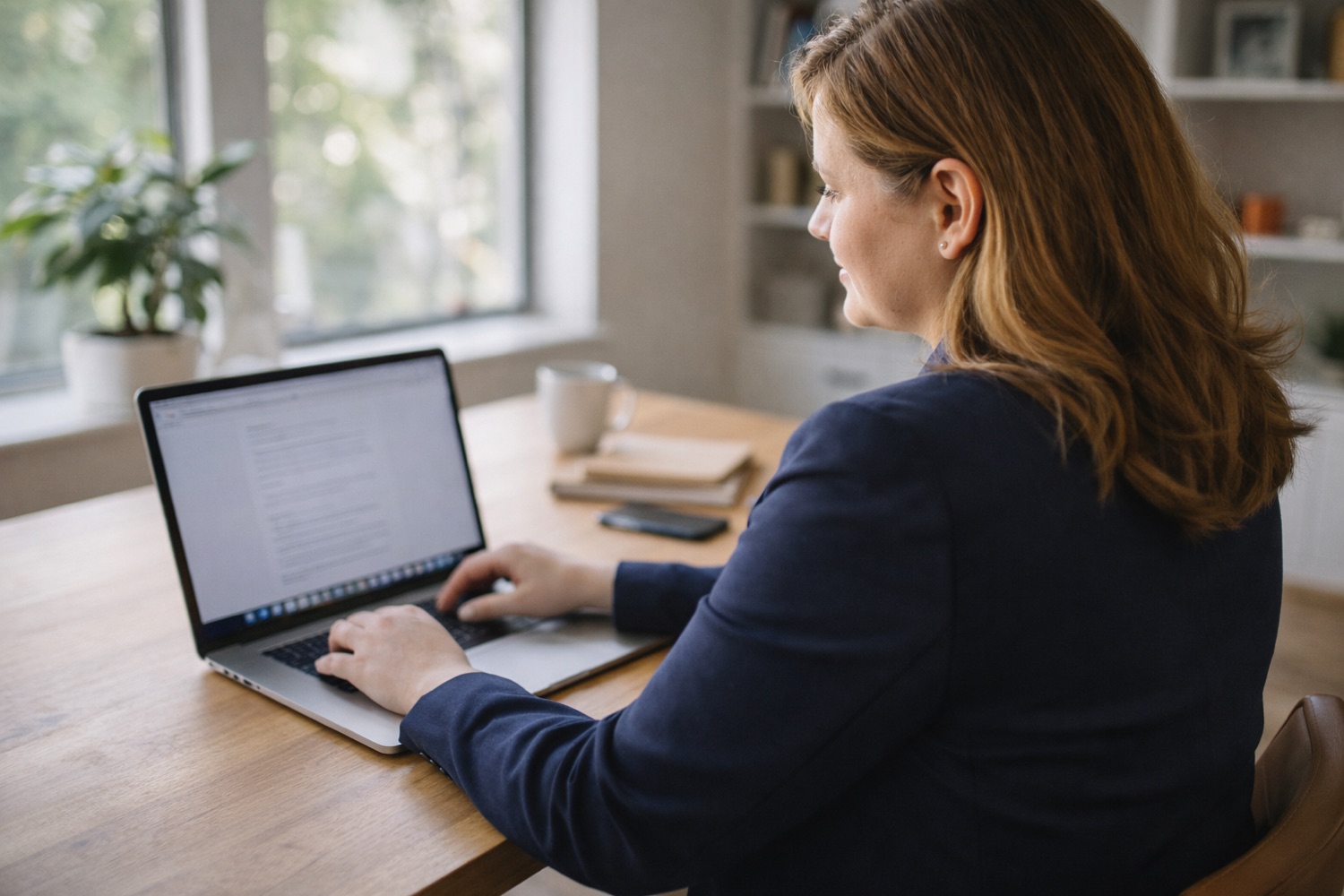 Lifestyle photograph of a professional working on a laptop at a wooden desk beside a bright window