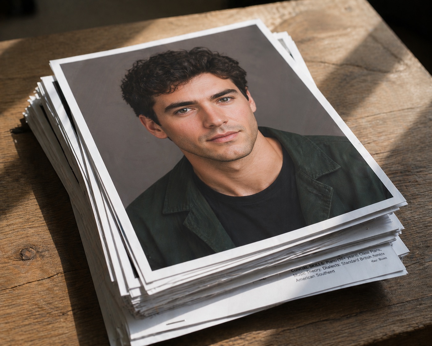 A stack of physical 8x10 printed actor headshots on a wooden table, resume and skills printed on the back