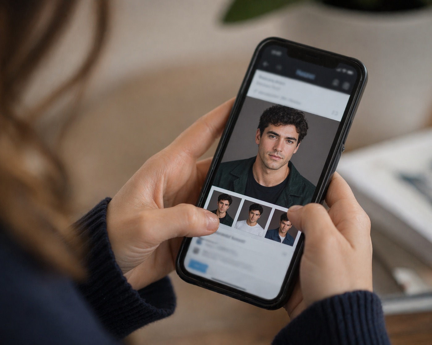 A person viewing a digital headshot on a phone in a casting profile app, with a gallery of alternate shots below
