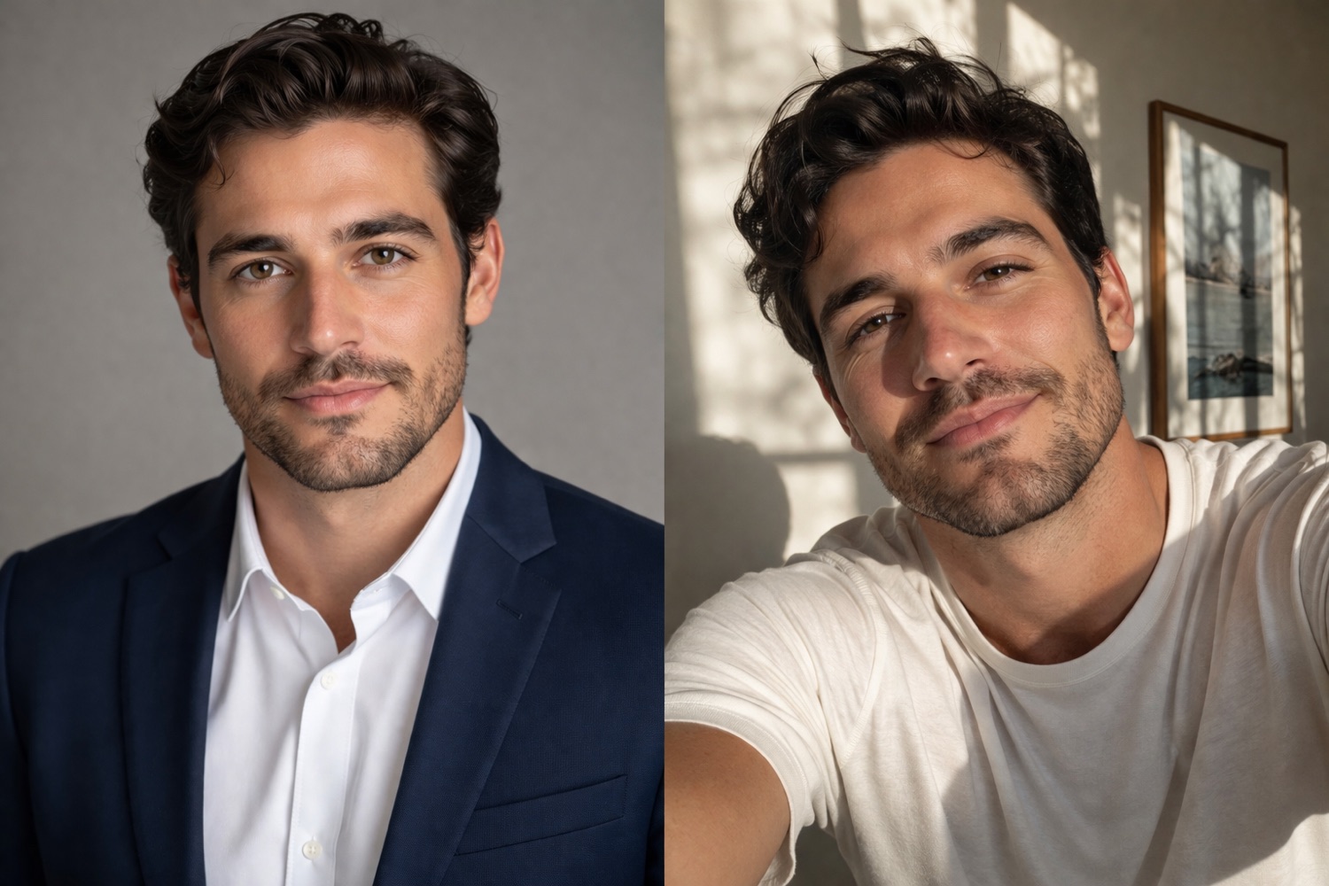 Side-by-side comparison: a man&rsquo;s polished studio headshot in a navy blazer versus a harsh-lit selfie of the same man at home