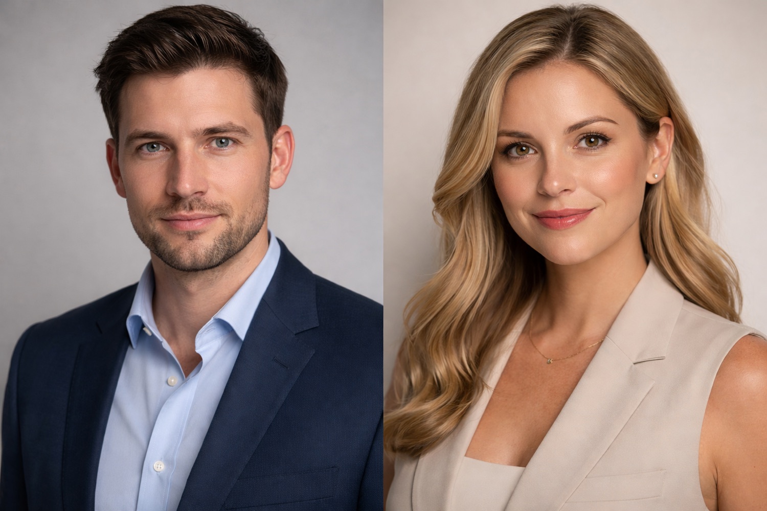 Two professional studio headshots side by side — a man in a navy blazer and a woman in a cream blazer — with controlled lighting and clean backgrounds
