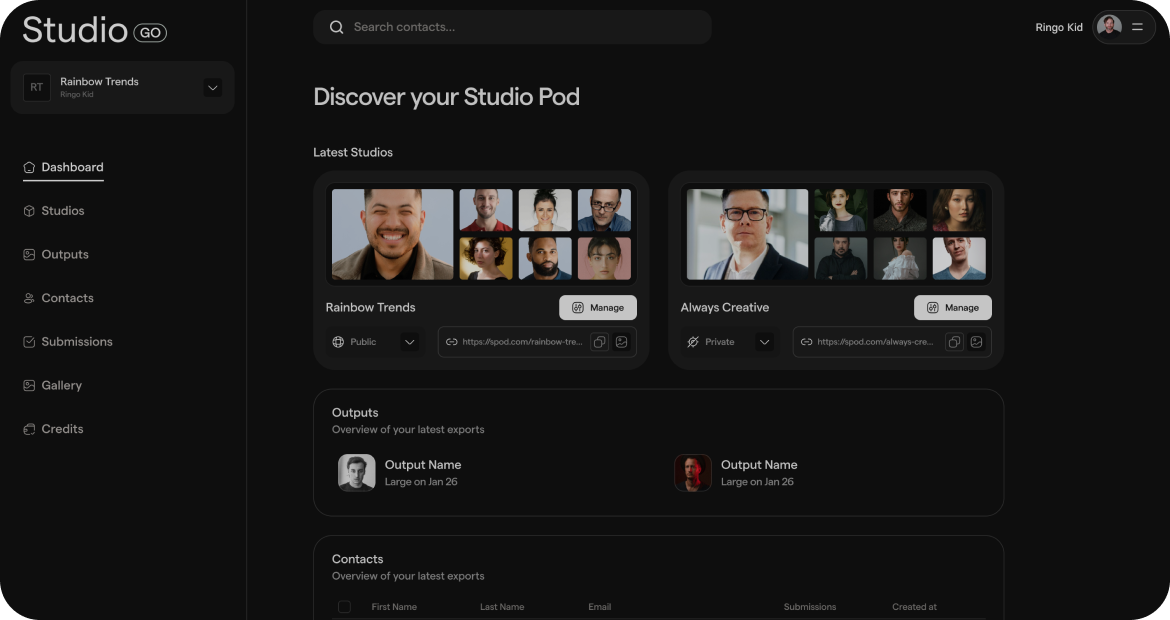 The StudioGo platform: studios, outputs, and contacts in one dashboard