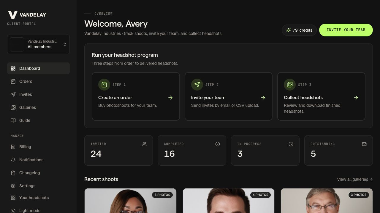 Studio Pod property portal showing tenant headshot sessions and completed galleries