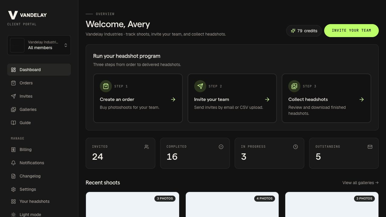 Studio Pod corporate portal dashboard with program steps, invitation totals, completion totals, and recent shoots