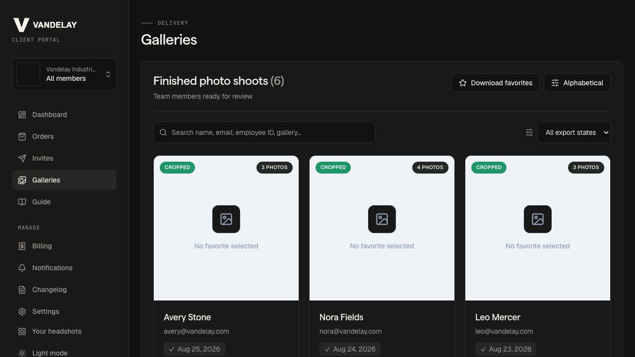 Studio Pod corporate portal gallery view with finished tenant photo shoots organized for review