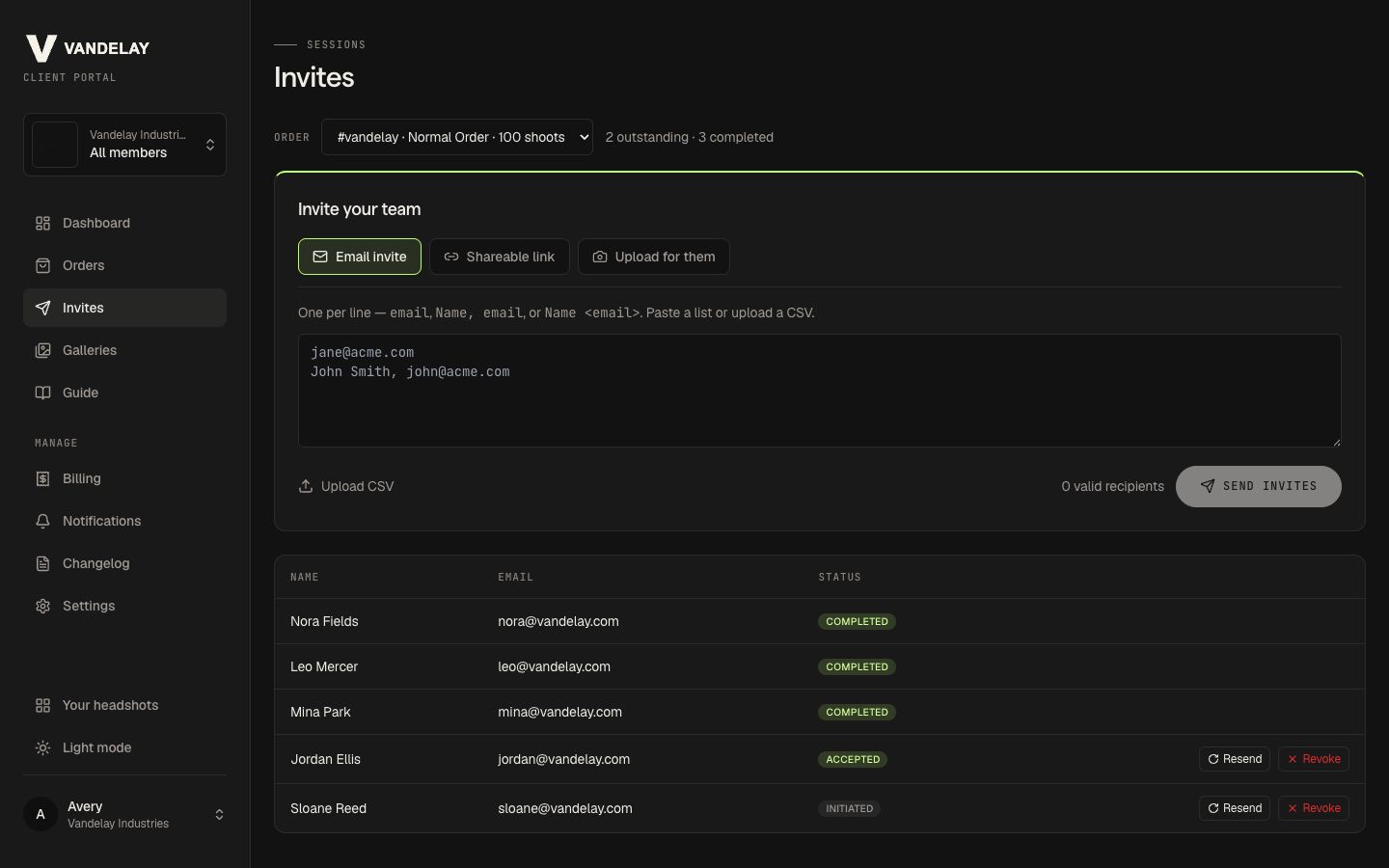 Vandelay Industries invite management with an active order, invitation form, and team completion roster