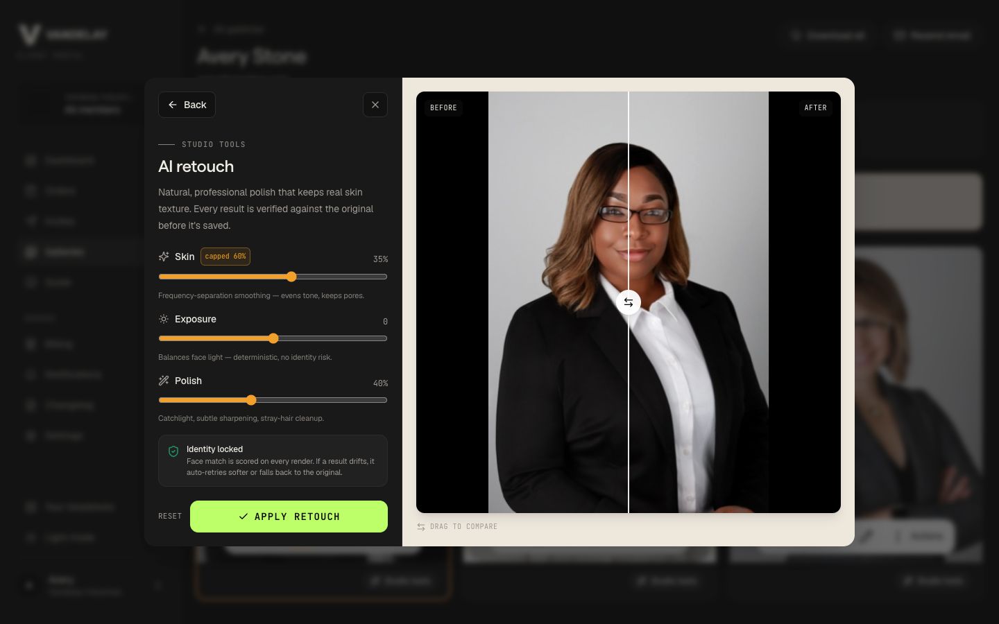 Studio Pod AI retouch workspace showing Avery Stone with identity-safe skin, exposure, and polish controls