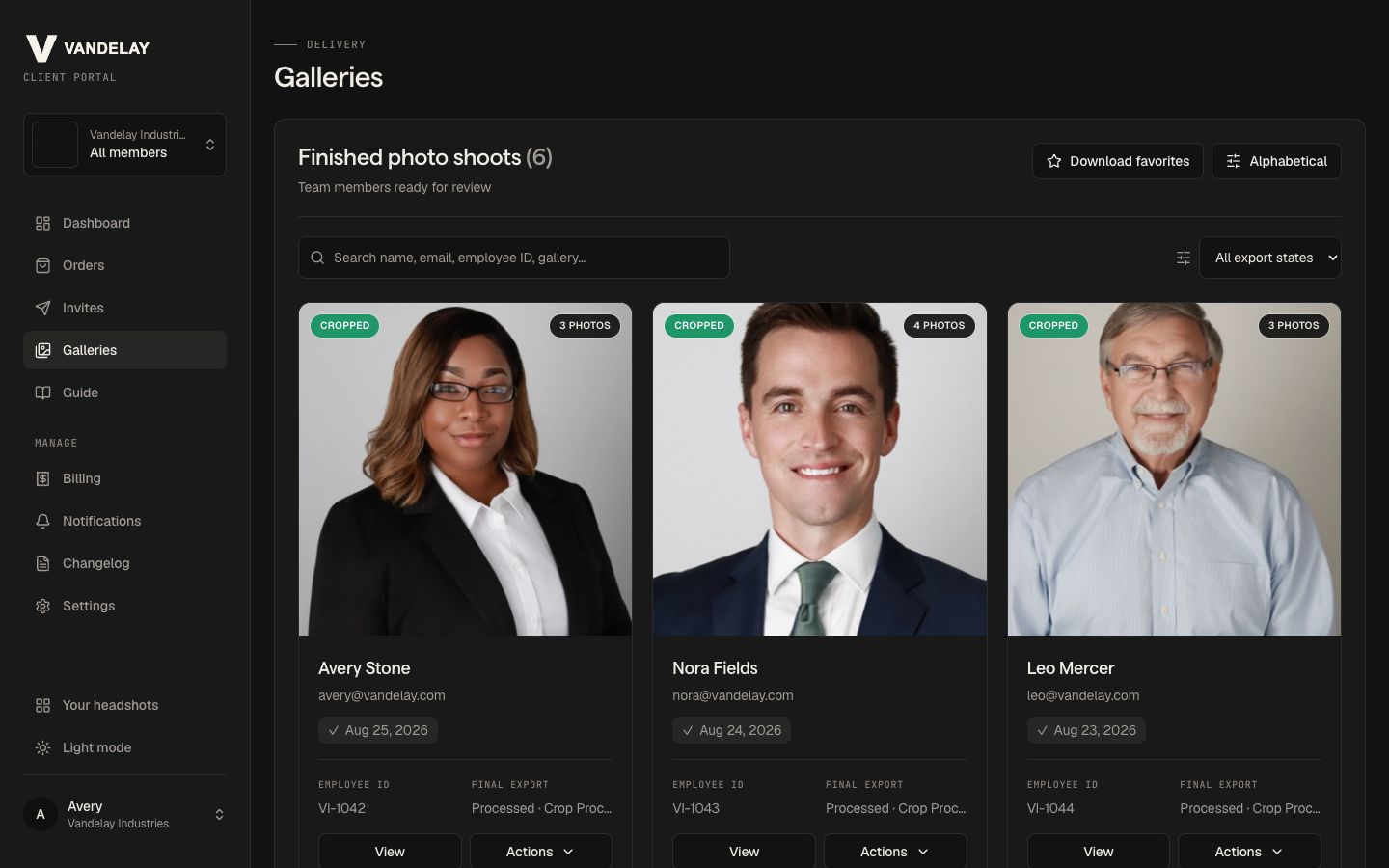 Vandelay Industries finished galleries with consistent crops, export status, and professional headshots