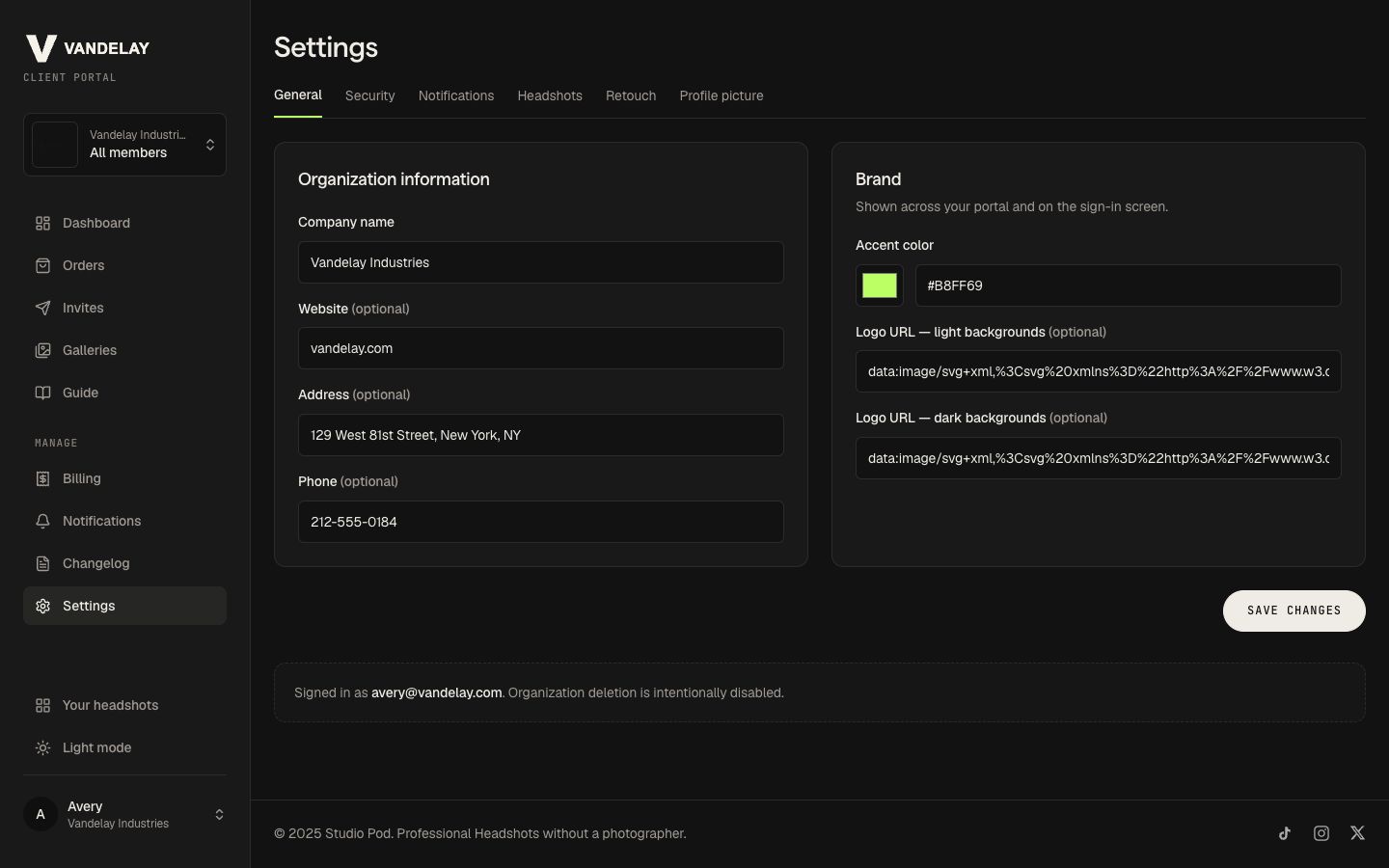Vandelay Industries portal settings with organization details and brand color controls