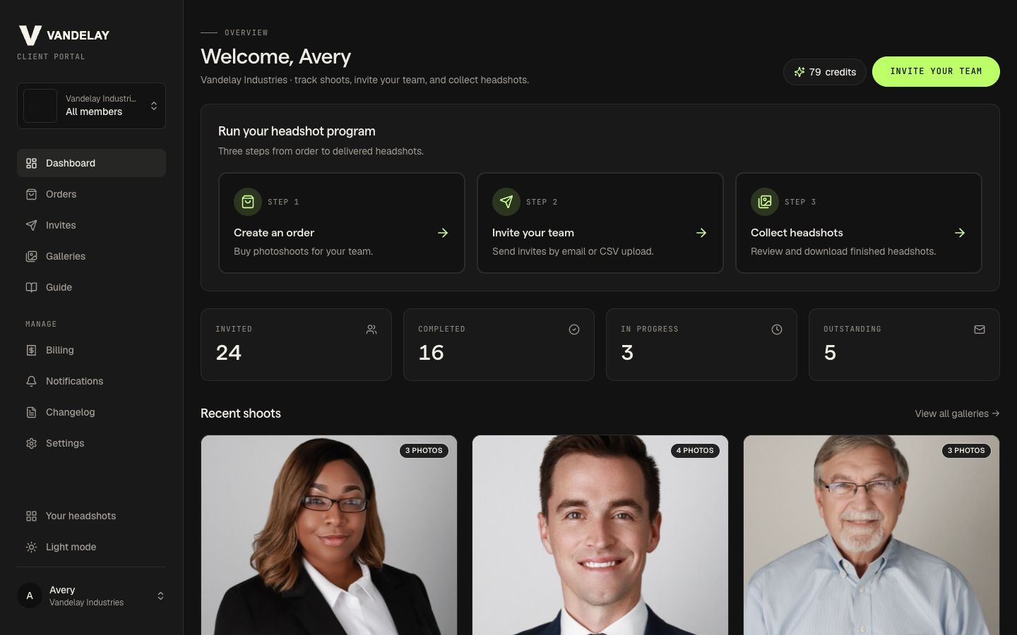 Vandelay Industries program dashboard with completion metrics and recent employee headshots
